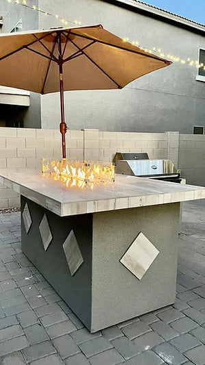 KoKoMo - Baja/Fire L-Shaped BBQ Island with Fire-pit, 4 Burner BBQ, Outdoor Refrigerator