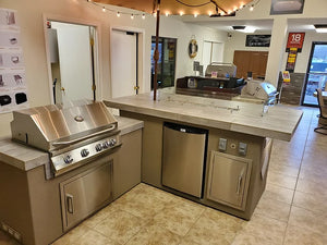 KoKoMo - Baja/Fire L-Shaped BBQ Island with Fire-pit, 4 Burner BBQ, Outdoor Refrigerator