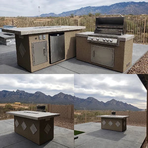 KoKoMo - Baja/Fire L-Shaped BBQ Island with Fire-pit, 4 Burner BBQ, Outdoor Refrigerator