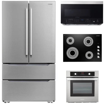 Cosmo 4 Piece, 30&quot; Cooktop 24&quot; Wall Oven 30&quot; Microwave &amp; French Door Refrigerator COS-4PKG-261