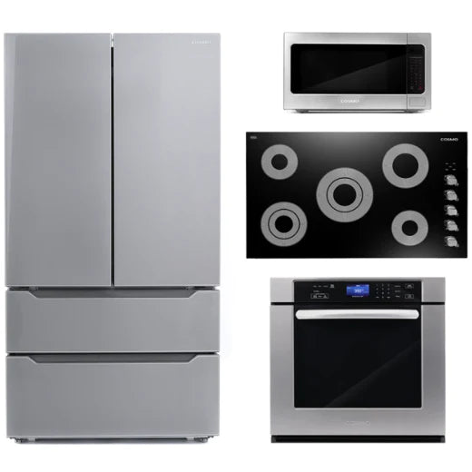 Cosmo 4 Piece, 36&quot; Electric Cooktop 30&quot; Wall Oven 24.4&quot; Microwave &amp; Refrigerator COS-4PKG-141