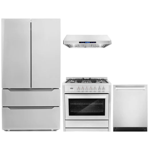 Cosmo 4-Piece, 36&quot; Gas Range, 36&quot; Range Hood, 24&quot; Dishwasher and Refrigerator COS-4PKG-026