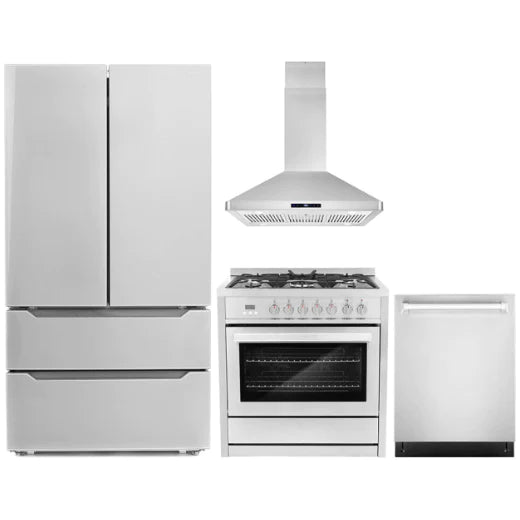 Cosmo 4-Piece, 36&quot; Range, 36&quot; Island Range Hood, 24&quot; Dishwasher and Refrigerator COS-4PKG-076