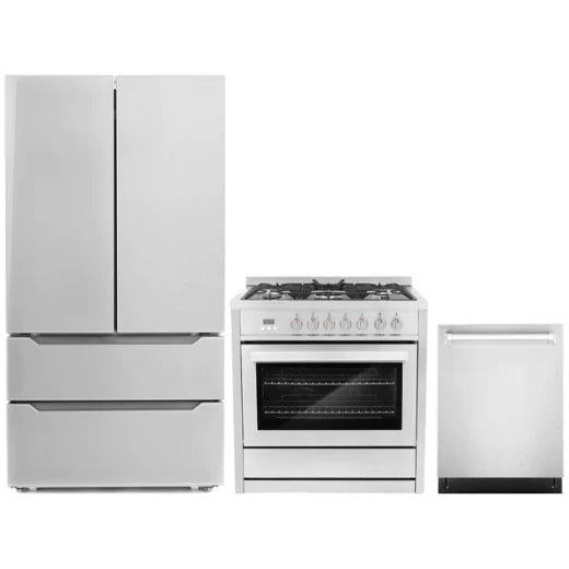 Cosmo 3-Piece, 36&quot; Dual Fuel Range, 24&quot; Dishwasher and French Door Refrigerator COS-3PKG-008
