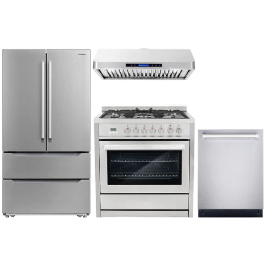 Cosmo 4 Piece, 36&quot; Gas Range 36&quot; Range Hood 24&quot; Dishwasher &amp; Refrigerator COS-4PKG-171