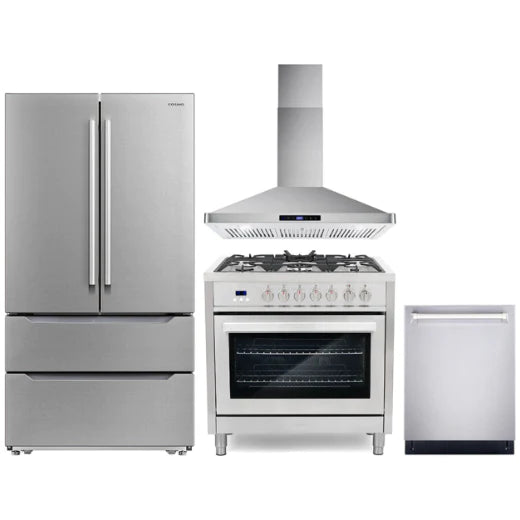 Cosmo 4 Piece, 36&quot; Dual Fuel Range 36&quot; Range Hood 24&quot; Dishwasher &amp; Refrigerator COS-4PKG-223