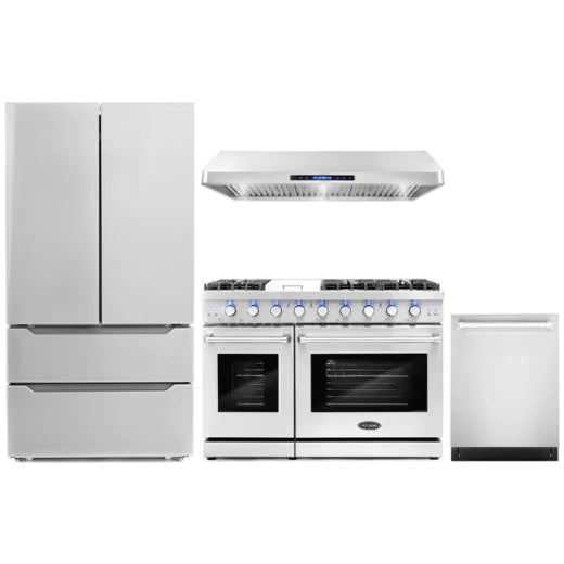 Cosmo 4-Piece, 48&quot; Gas Range, 48&quot; Range Hood, 24&quot; Dishwasher and Refrigerator COS-4PKG-122