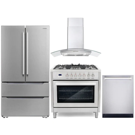 Cosmo 4 Piece, 36&quot; Dual Fuel Range 36&quot; Range Hood 24&quot; Dishwasher &amp; Refrigerator COS-4PKG-222
