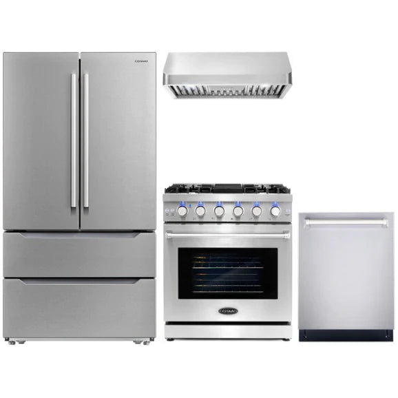 Cosmo 4 Piece, 30&quot; Gas Range 30&quot; Range Hood 24&quot; Dishwasher &amp; Refrigerator COS-4PKG-234