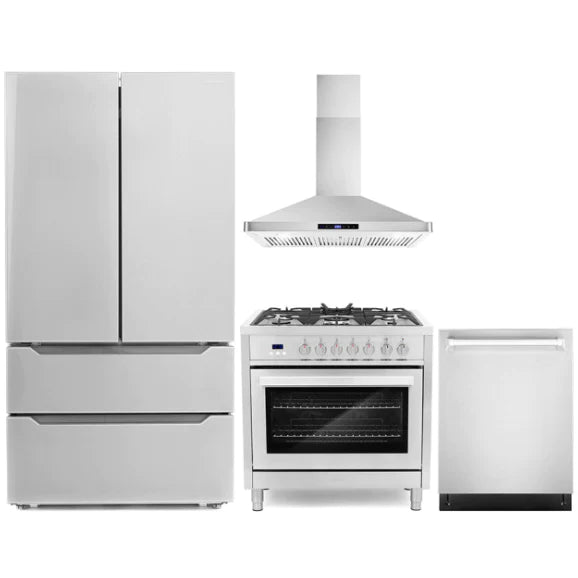 Cosmo 4-Piece, 36&quot; Dual Fuel Range, 36&quot; Range Hood, Dishwasher and Refrigerator COS-4PKG-079