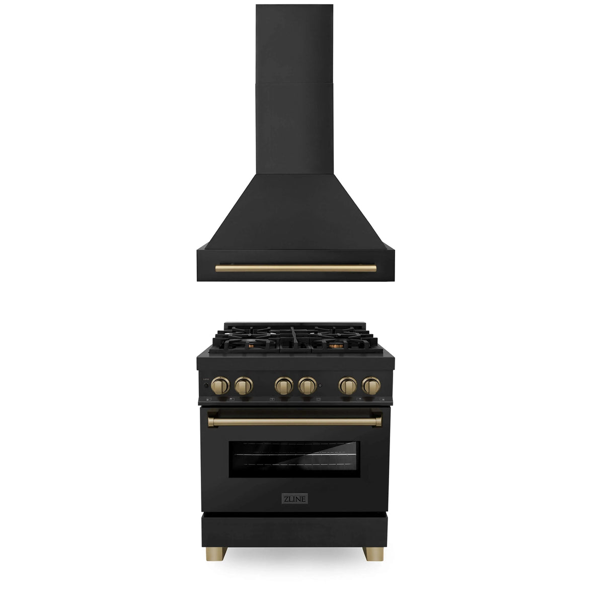 ZLINE - 30&quot; Autograph Edition Kitchen Package with Black Stainless Steel Dual Fuel Range and Range Hood with Champagne Bronze Accents