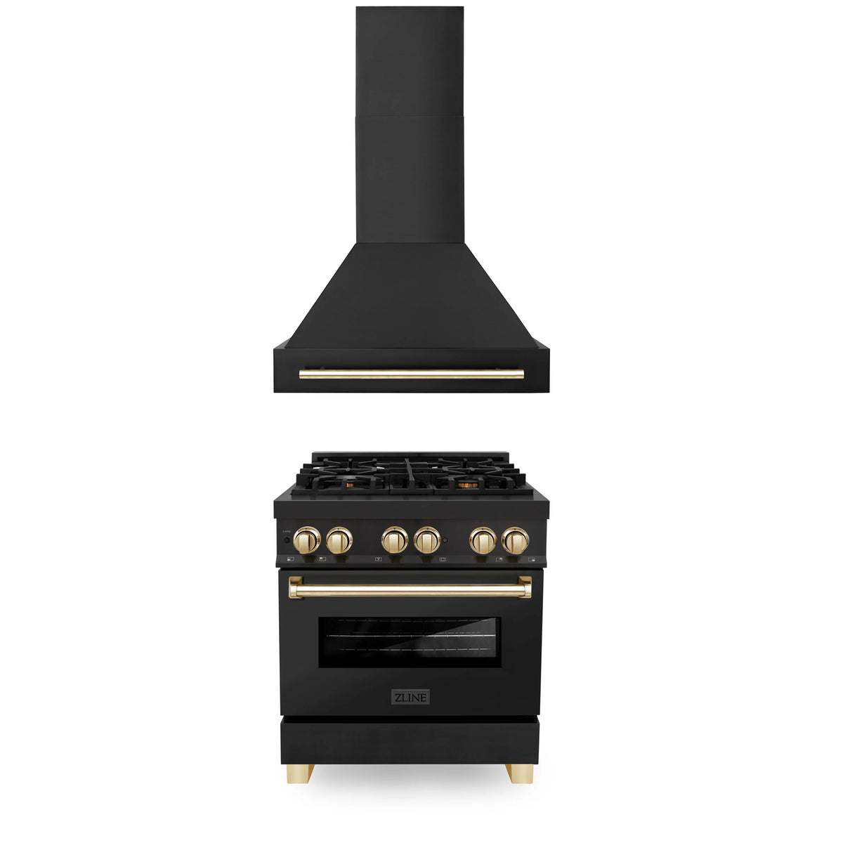 ZLINE - 30&quot; Autograph Edition Kitchen Package with Black Stainless Steel Dual Fuel Range and Range Hood with Gold Accents (2AKP-RABRH30-G)