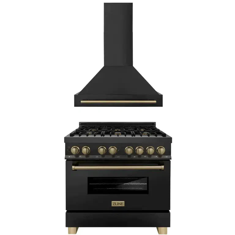 ZLINE - 36&quot; Autograph Edition Kitchen Package with Black Stainless Steel Dual Fuel Range and Range Hood with Champagne Bronze Accents
