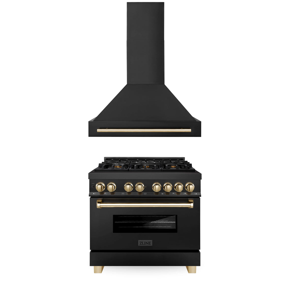 ZLINE - 36&quot; Autograph Edition Kitchen Package with Black Stainless Steel Dual Fuel Range and Range Hood with Gold Accents (2AKP-RABRH36-G)