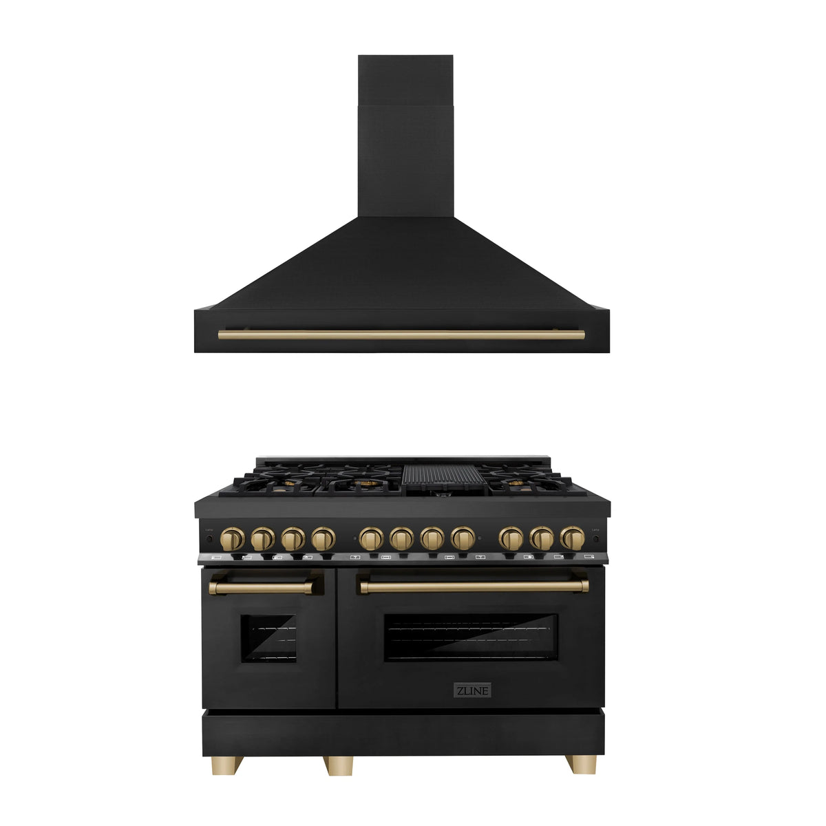 ZLINE - 48&quot; Autograph Edition Kitchen Package with Black Stainless Steel Dual Fuel Range and Range Hood with Champagne Bronze Accents