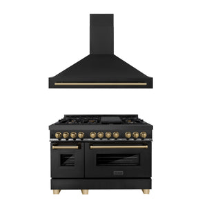 ZLINE - 48" Autograph Edition Kitchen Package with Black Stainless Steel Dual Fuel Range and Range Hood with Champagne Bronze Accents