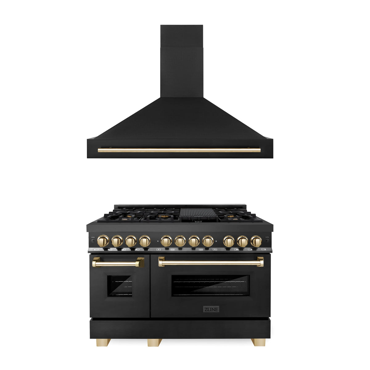 ZLINE - 48&quot; Autograph Edition Kitchen Package with Black Stainless Steel Dual Fuel Range and Range Hood with Gold Accents (2AKP-RABRH48-G)