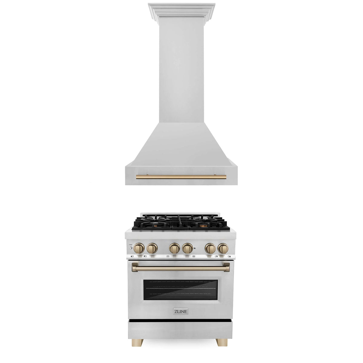 ZLINE - 30&quot; Autograph Edition Kitchen Package with Stainless Steel Dual Fuel Range and Range Hood with Champagne Bronze Accents