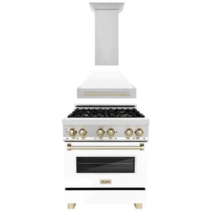 ZLINE - 30" Autograph Edition Kitchen Package with Stainless Steel Dual Fuel Range with White Matte Door and Range Hood with Gold Accents