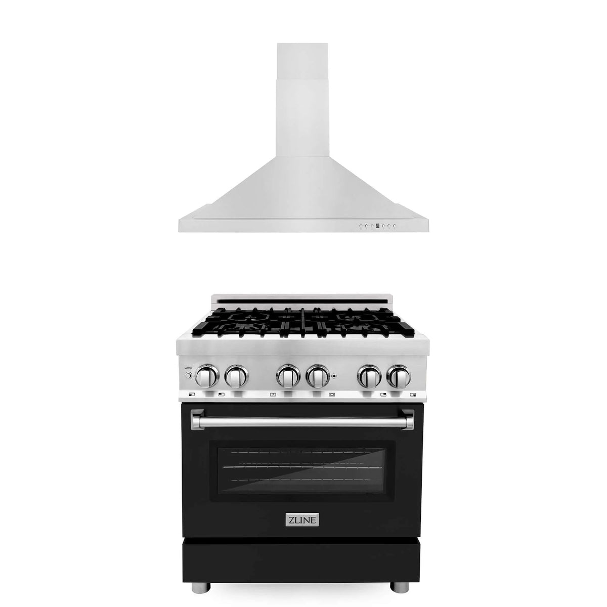 ZLINE - 30&quot; Kitchen Package with Stainless Steel Dual Fuel Range with Black Matte Door and Convertible Vent Range Hood (2KP-RABLMRH30)