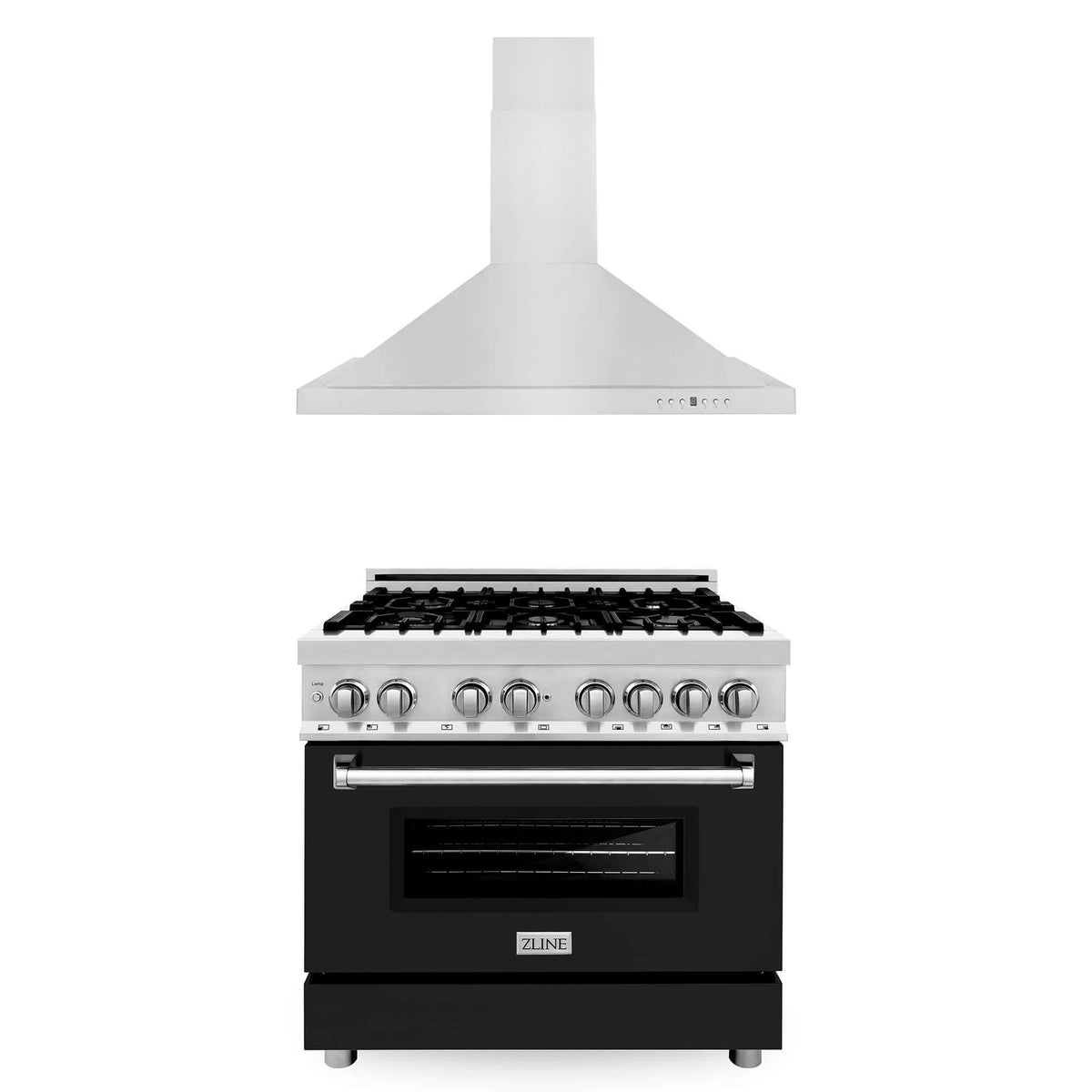 ZLINE - 36&quot; Kitchen Package with Stainless Steel Dual Fuel Range with Black Matte Door and Convertible Vent Range Hood (2KP-RABLMRH36)