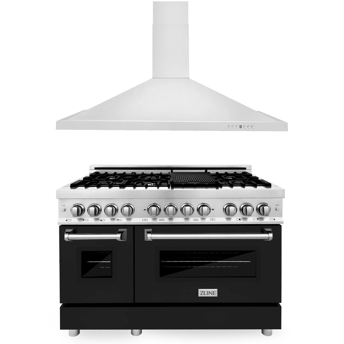 ZLINE - 48&quot; Kitchen Package with Stainless Steel Dual Fuel Range with Black Matte Door and Convertible Vent Range Hood (2KP-RABLMRH48)