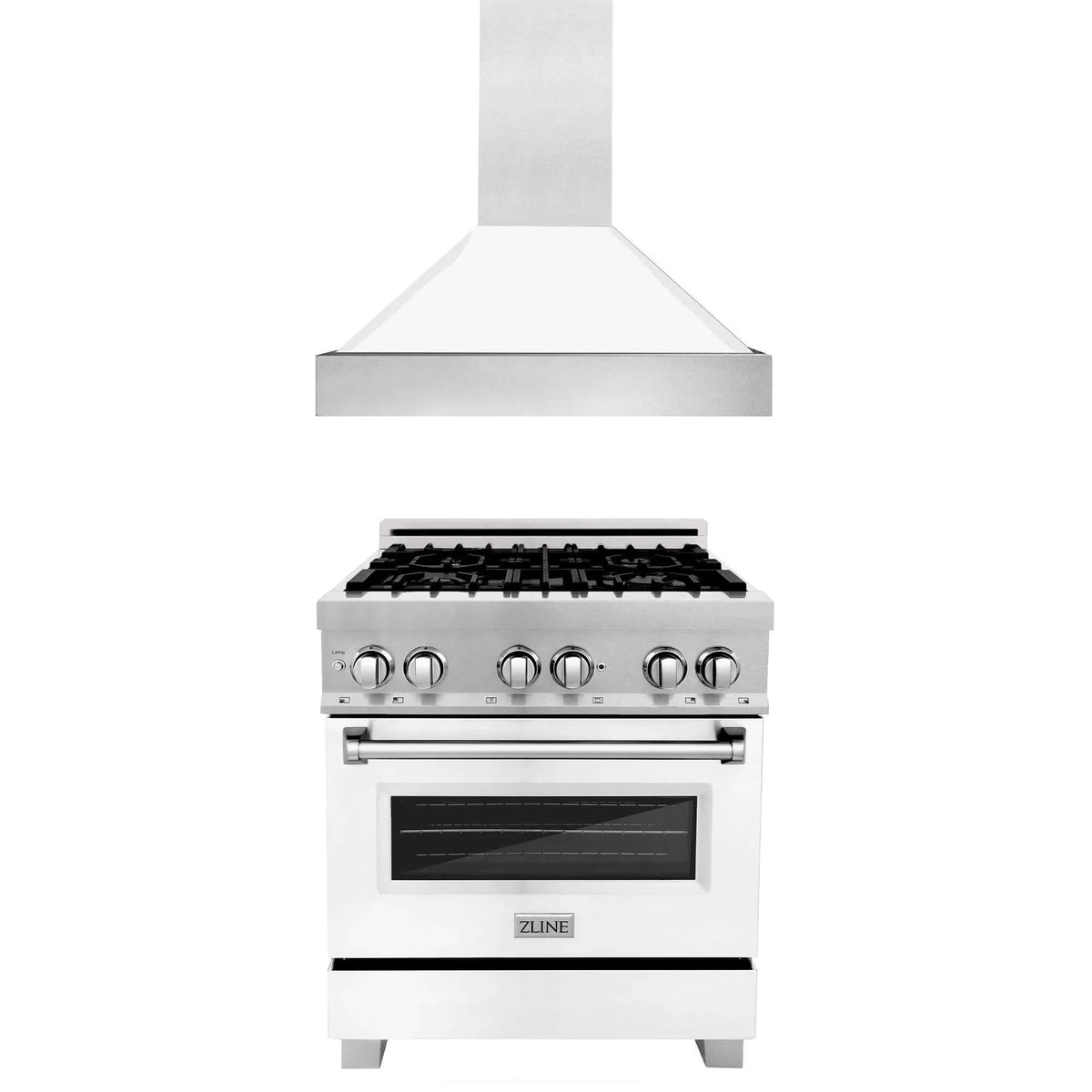 ZLINE - 30 in. Kitchen Package with Satin Stainless Steel Dual Fuel Range with White Matte Door and Convertible Vent Range Hood