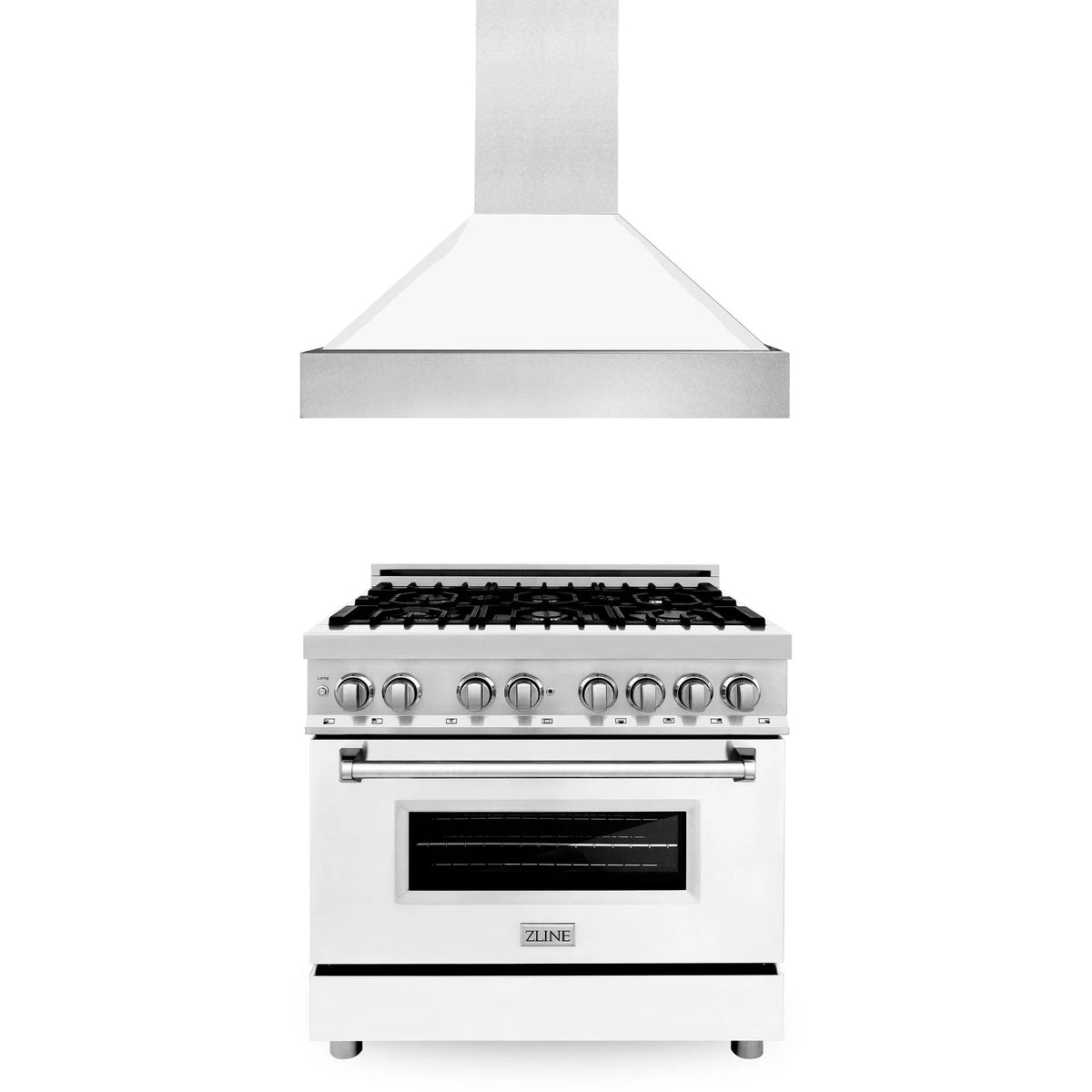 ZLINE - 36&quot; Kitchen Package with Stainless Steel Dual Fuel Range with White Matte Door and Convertible Vent Range Hood (2KP-RAWMRH36)