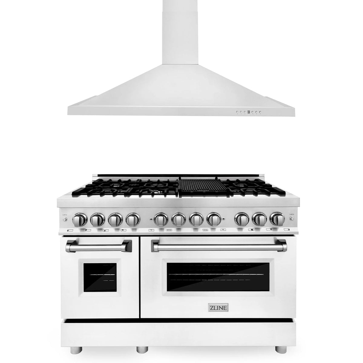 ZLINE - 48&quot; Kitchen Package with Stainless Steel Dual Fuel Range with White Matte Door and Convertible Vent Range Hood (2KP-RAWMRH48)