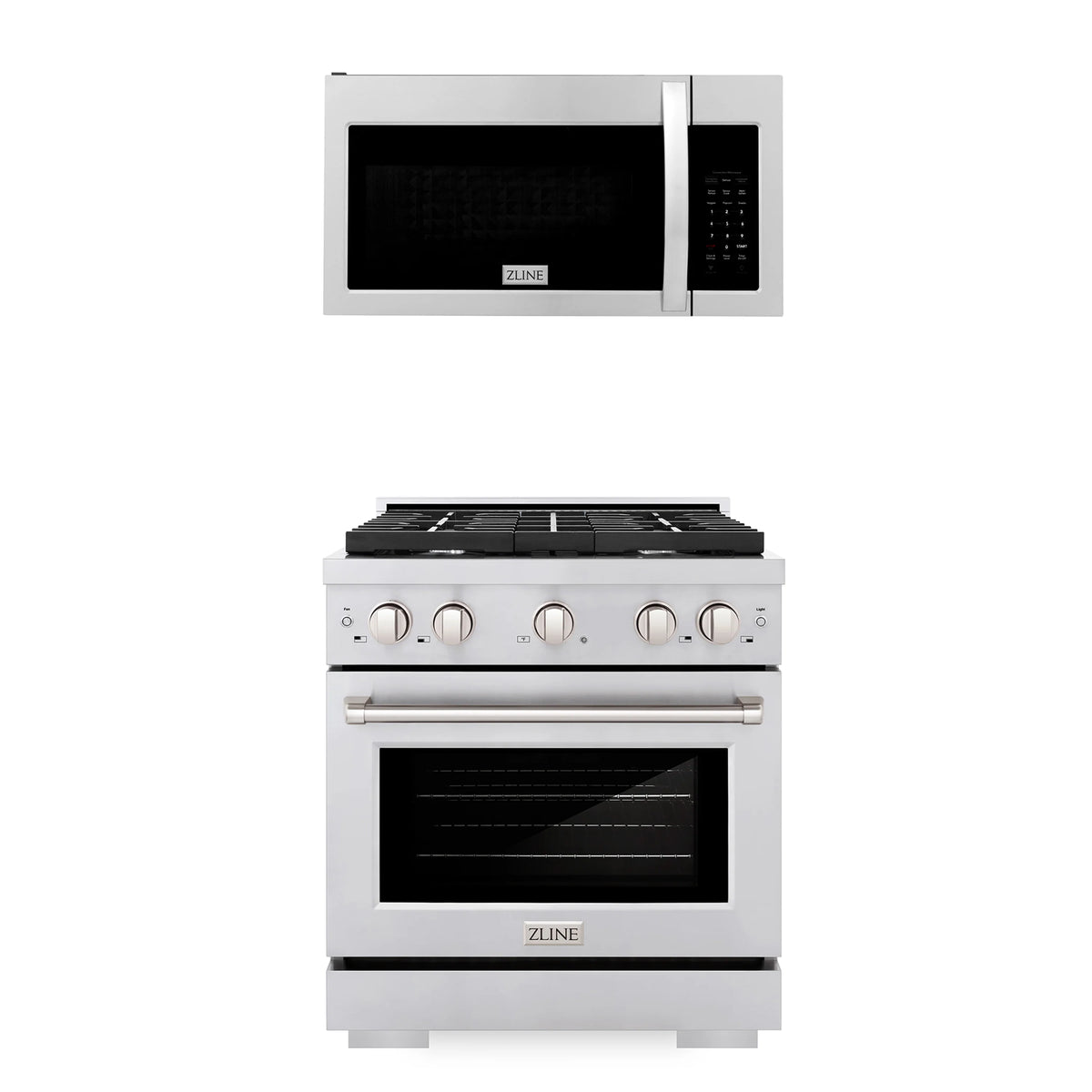 ZLINE - 30&quot; Kitchen Package Stainless Steel Gas Range and Over The Range Microwave with Modern Handle