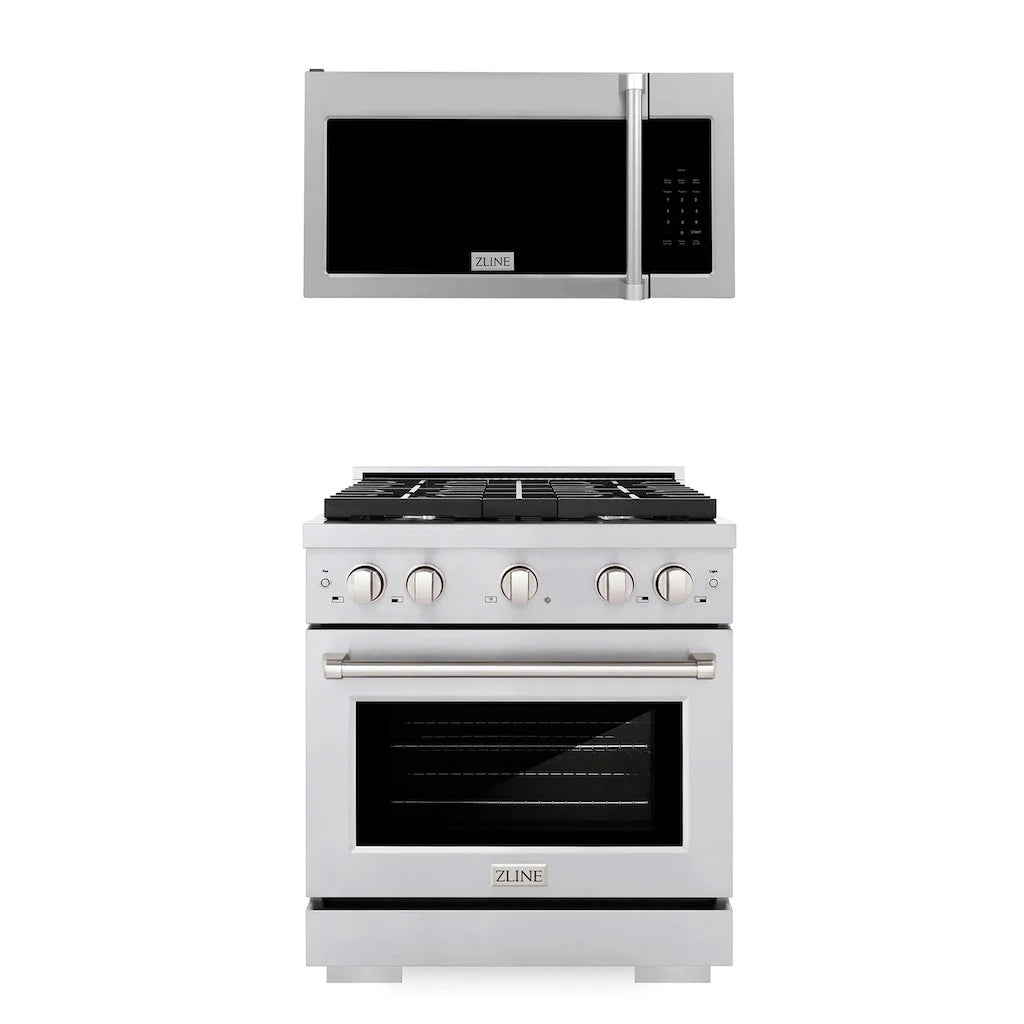 ZLINE - 30&quot; Kitchen Package Stainless Steel Gas Range and Over The Range Microwave with Traditional Handle