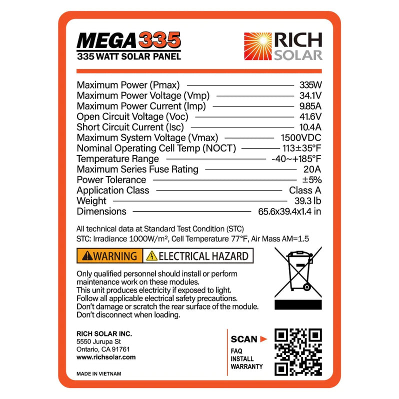 RICH SOLAR MEGA 335 Watt 24 Volt Solar Panel  8,10,12 Pack
