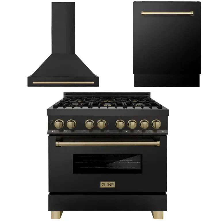 ZLINE - 36&quot; Autograph Edition Kitchen Package with Black Stainless Steel Dual Fuel Range, Range Hood and Dishwasher with Champagne Bronze Accents
