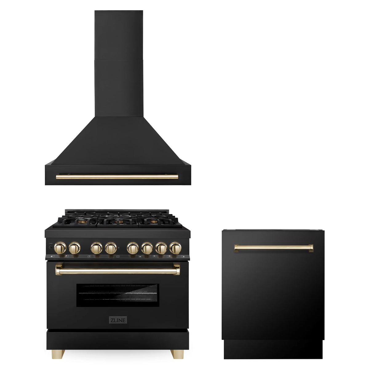 ZLINE - 36&quot; Autograph Edition Kitchen Package with Black Stainless Steel Dual Fuel Range, Range Hood and Dishwasher with Gold Accents