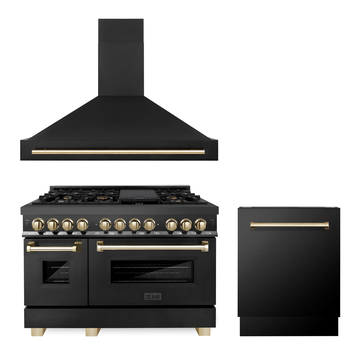 ZLINE - 36&quot; Autograph Edition Kitchen Package with Black Stainless Steel Dual Fuel Range, Range Hood and Dishwasher with Gold Accents