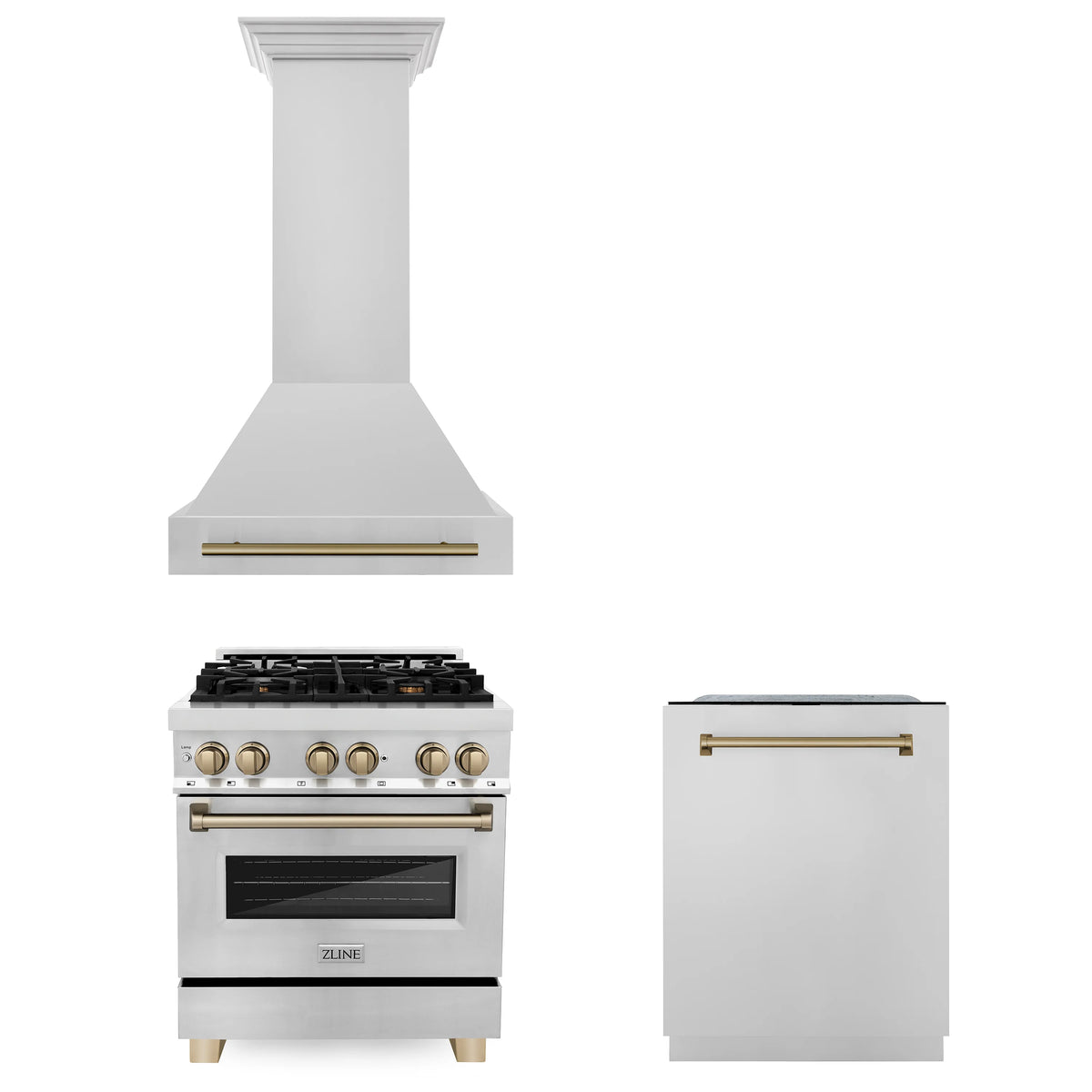 ZLINE - 30&quot; Autograph Edition Kitchen Package with Stainless Steel Dual Fuel Range, Range Hood and Dishwasher with Champagne Bronze Accents