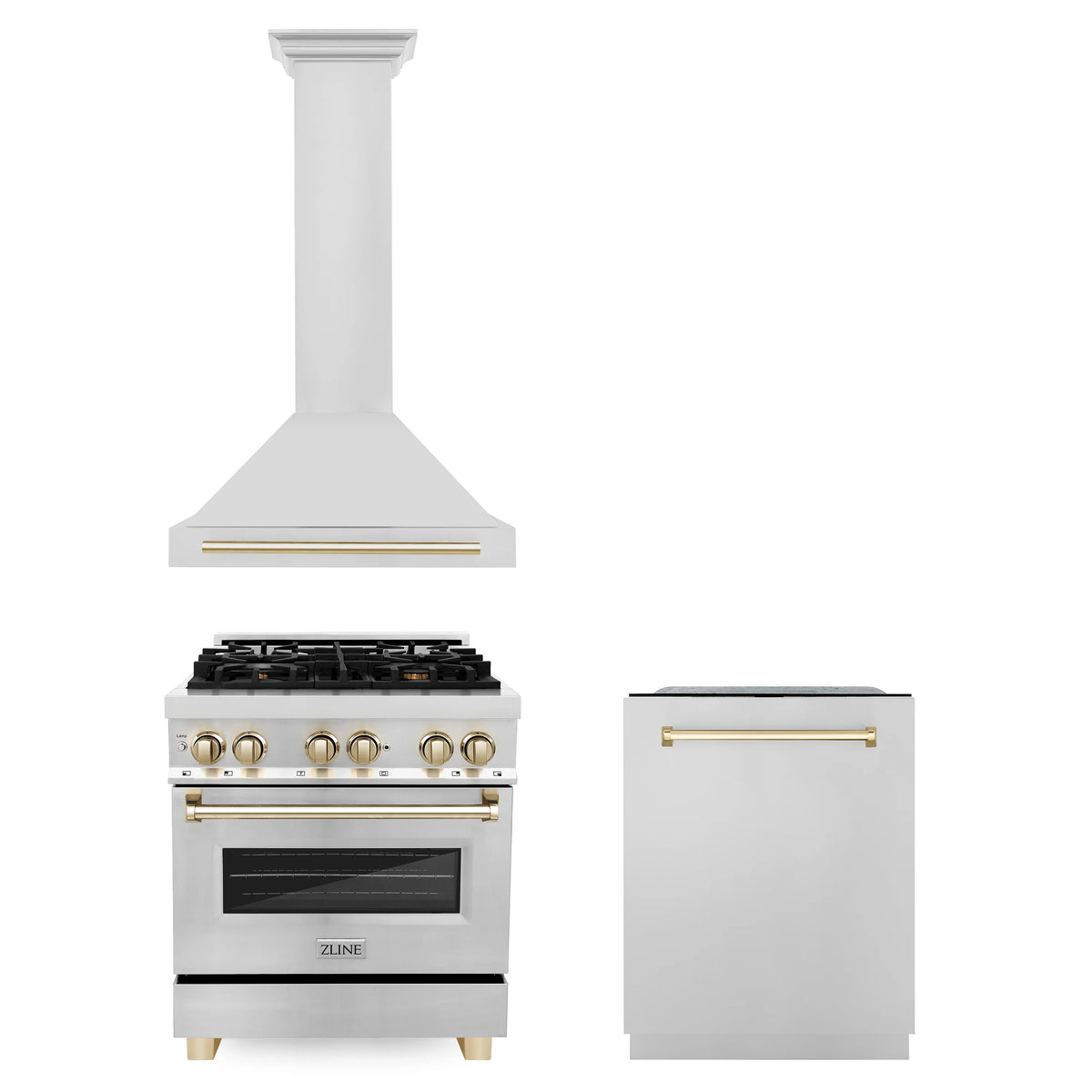 ZLINE - 30&quot; Autograph Edition Kitchen Package with Stainless Steel Dual Fuel Range, Range Hood and Dishwasher with Gold Accents