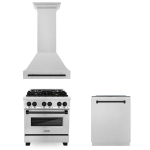 ZLINE - 30" Autograph Edition Kitchen Package with Stainless Steel Dual Fuel Range, Range Hood and Dishwasher with Matte Black Accents