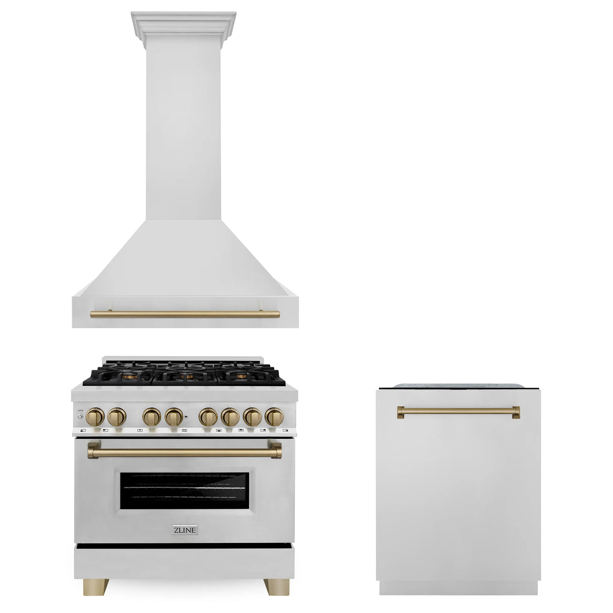 ZLINE - 36&quot; Autograph Edition Kitchen Package with Stainless Steel Dual Fuel Range, Range Hood and Dishwasher with Champagne Bronze Accents