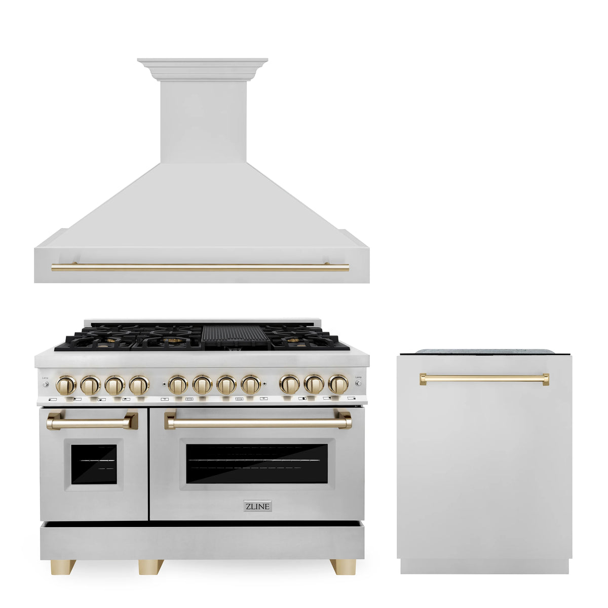 ZLINE - 48&quot; Autograph Edition Kitchen Package with Stainless Steel Dual Fuel Range, Range Hood and Dishwasher with Champagne Bronze Accents