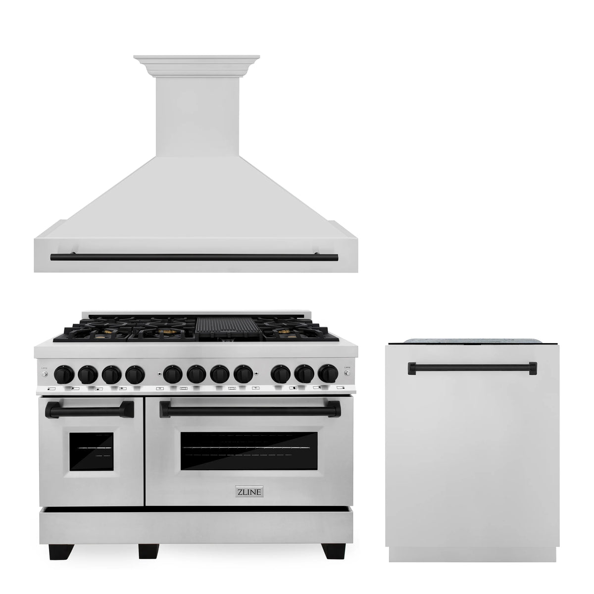 ZLINE - 48&quot; Autograph Edition Kitchen Package with Stainless Steel Dual Fuel Range, Range Hood and Dishwasher with Matte Black Accents