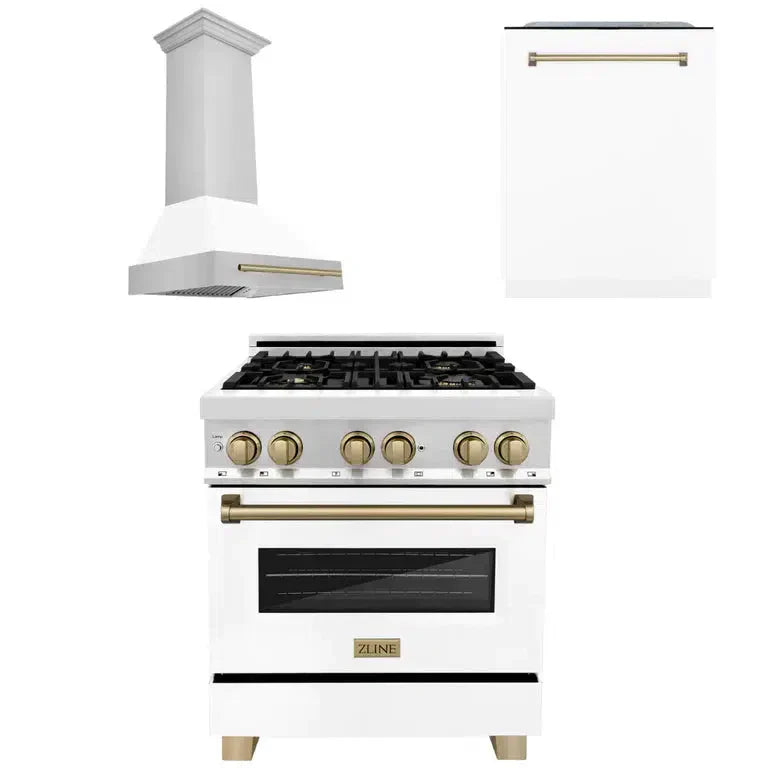 ZLINE - 30 in. Autograph Edition Kitchen Package with Stainless Steel Dual Fuel Range with White Matte Door, Range Hood and Dishwasher with Champagne Bronze Accents