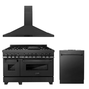 ZLINE 48" Kitchen Package with Black Stainless Steel Dual Fuel Range, Convertible Vent Range Hood and Dishwasher