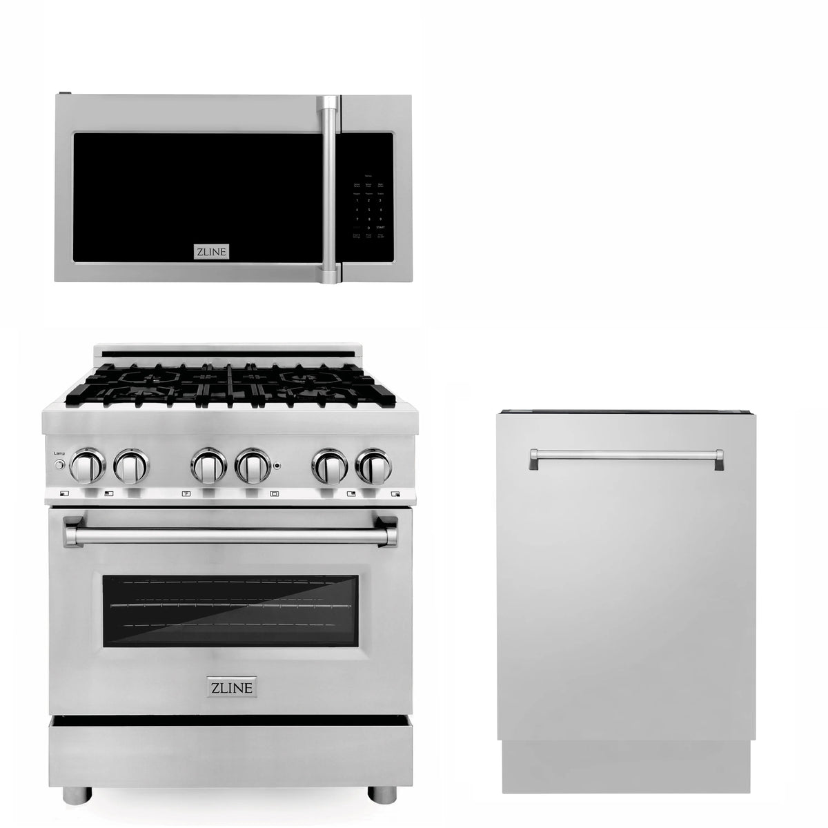 ZLINE - 30&quot; Kitchen Package with Stainless Steel Dual Fuel Range, Traditional Over The Range Microwave and Tall Tub Dishwasher