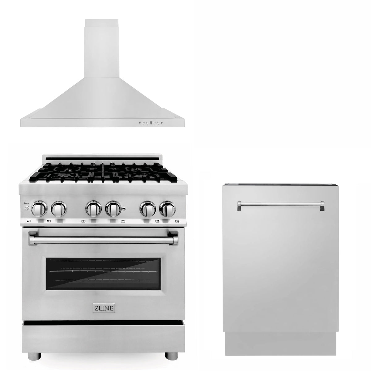 ZLINE - 30&quot; Kitchen Package with Stainless Steel Dual Fuel Range, Convertible Vent Range Hood and Tall Tub Dishwasher