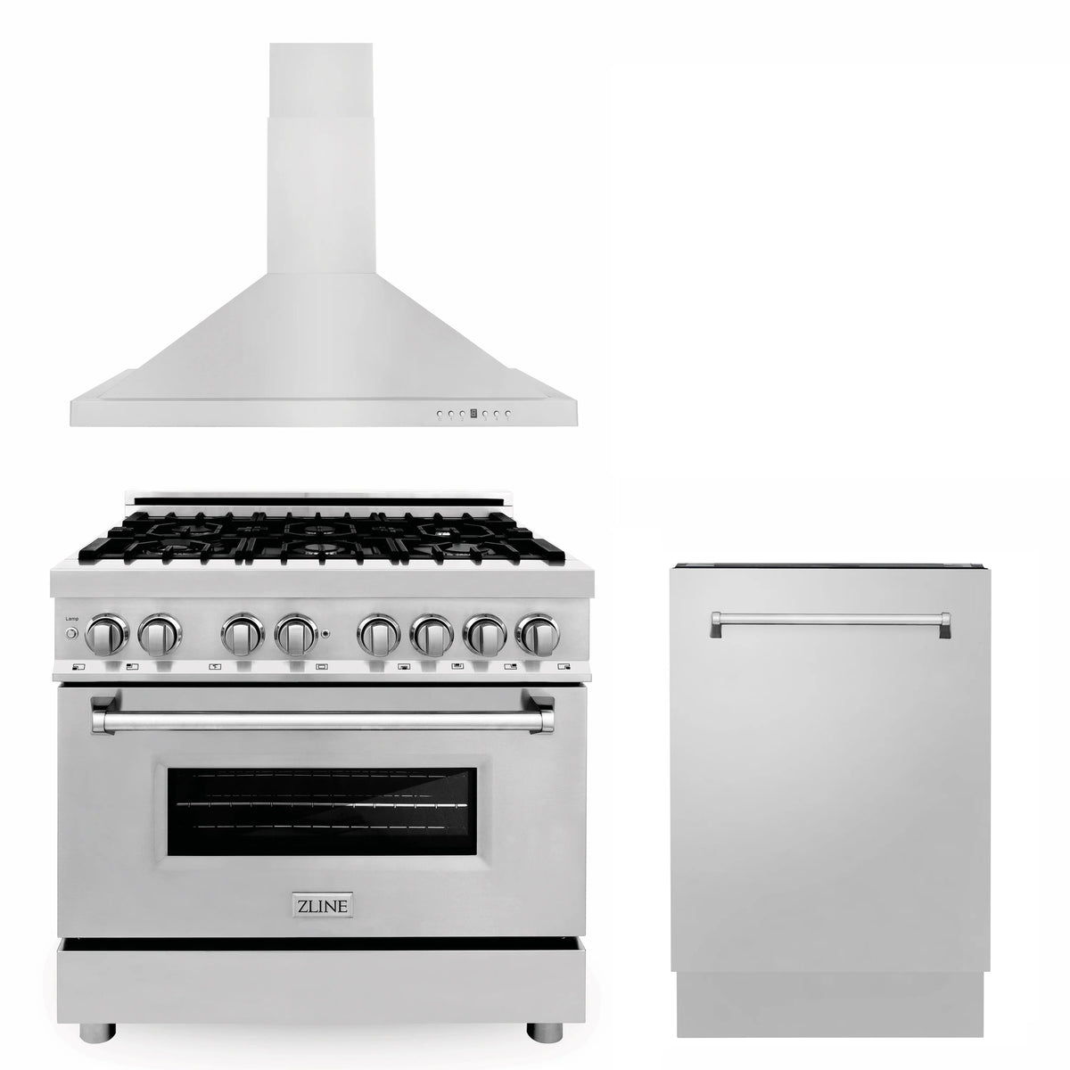 ZLINE - 36&quot; Kitchen Package with Stainless Steel Dual Fuel Range, Convertible Vent Range Hood and Tall Tub Dishwasher