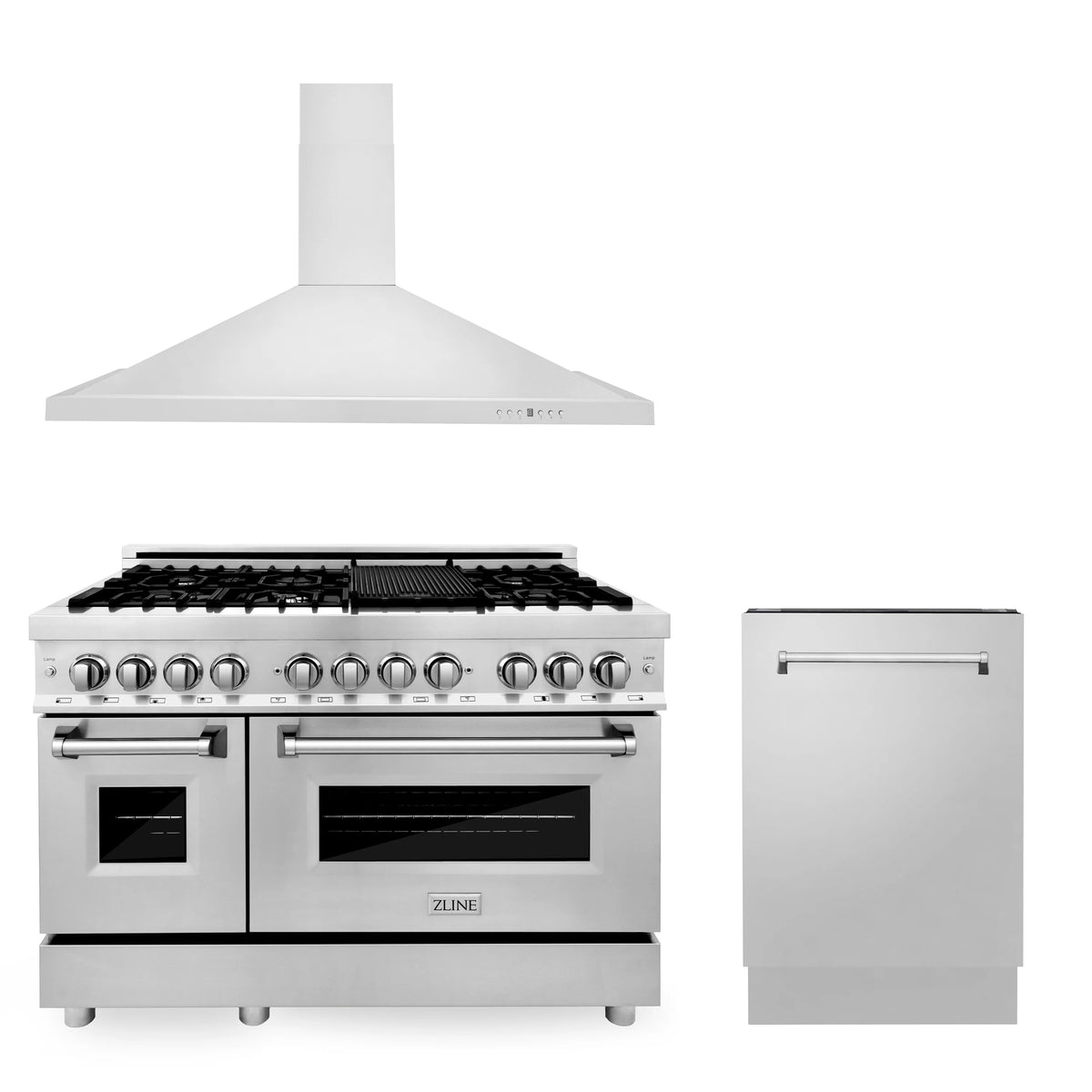 ZLINE - 48&quot; Kitchen Package with Stainless Steel Dual Fuel Range, Convertible Vent Range Hood and Tall Tub Dishwasher