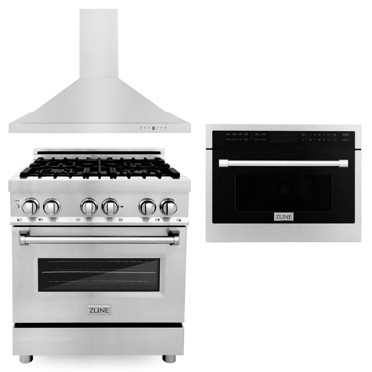 ZLINE - 30&quot; Kitchen Package with Stainless Steel Dual Fuel Range, Convertible Vent Range Hood and 24&quot; Microwave Oven