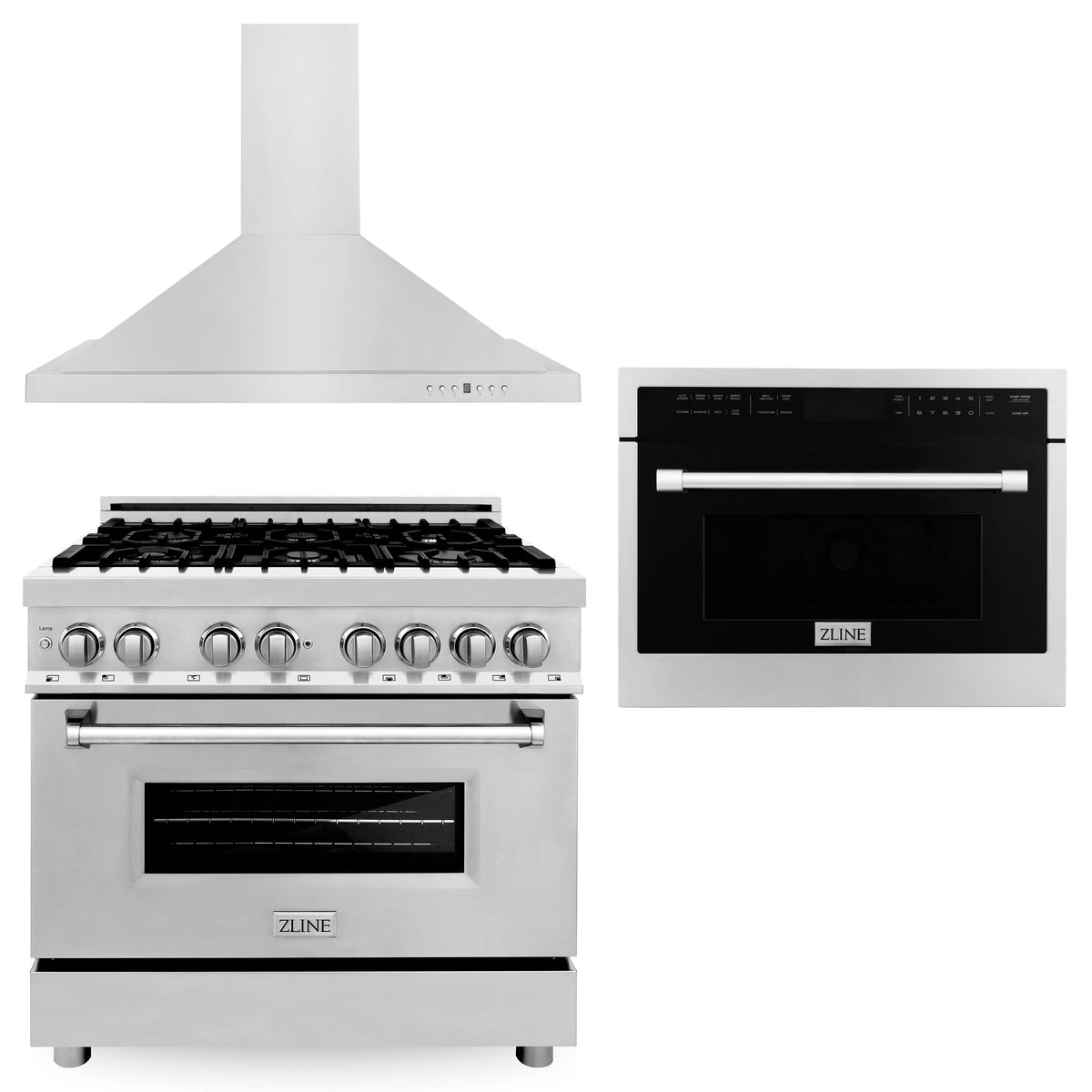 ZLINE - 36&quot; Kitchen Package with Stainless Steel Dual Fuel Range, Convertible Vent Range Hood and 24&quot; Microwave Oven