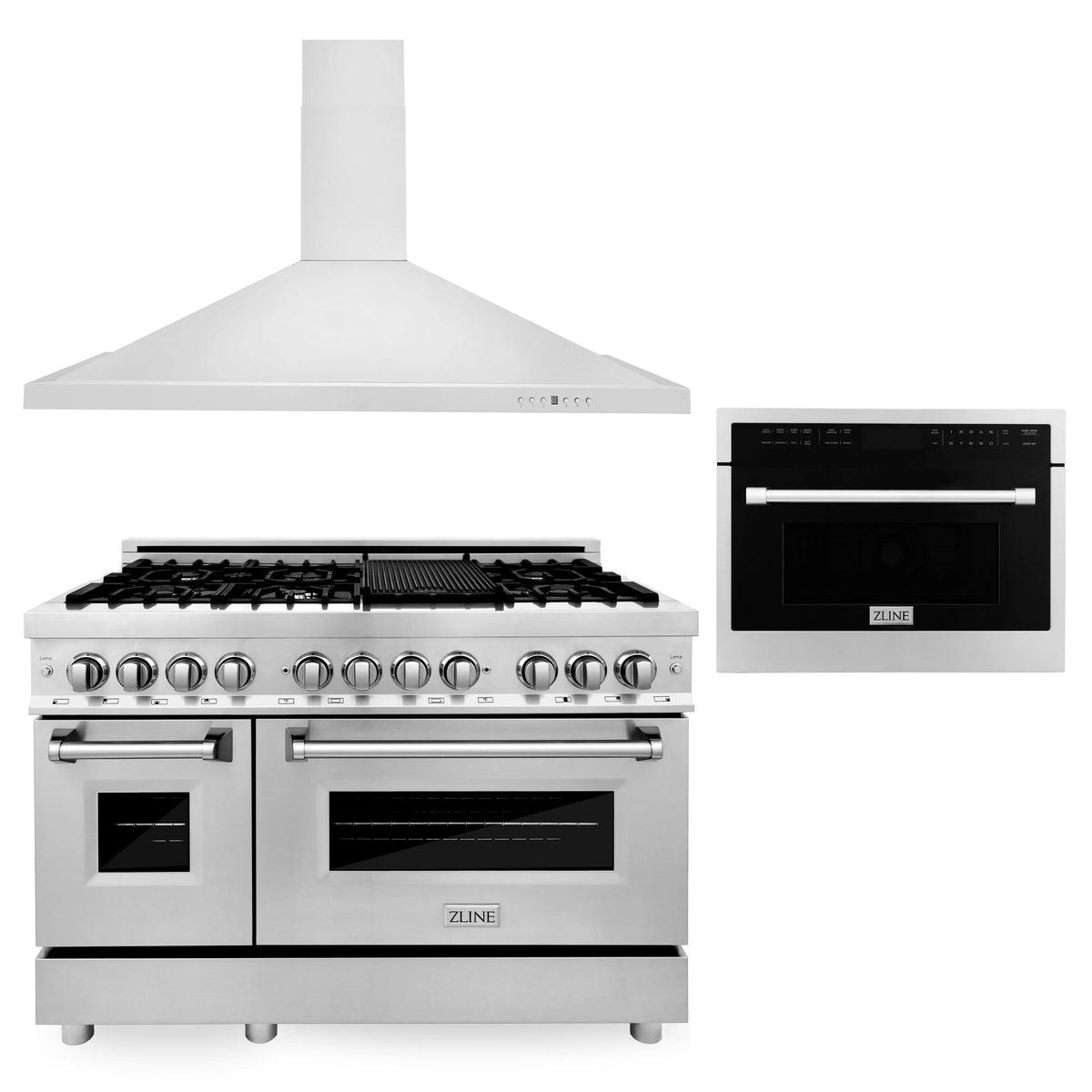 ZLINE - 48&quot; Kitchen Package with Stainless Steel Dual Fuel Range, Convertible Vent Range Hood and 24&quot; Microwave Oven